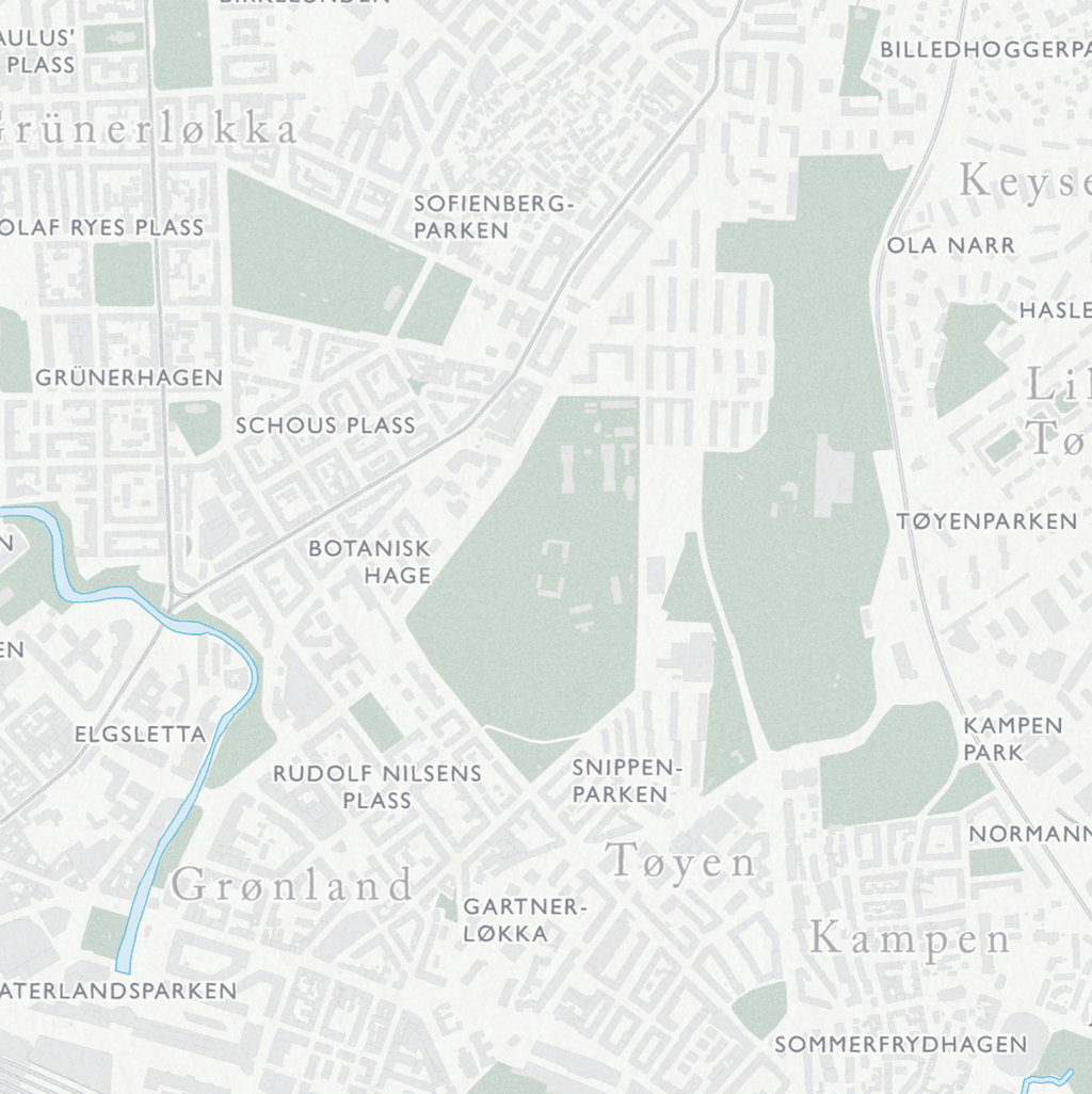 Retro kart over Oslo som viser Botanisk hage, Schous Plass, Tøyen, Kampen og Grønland.