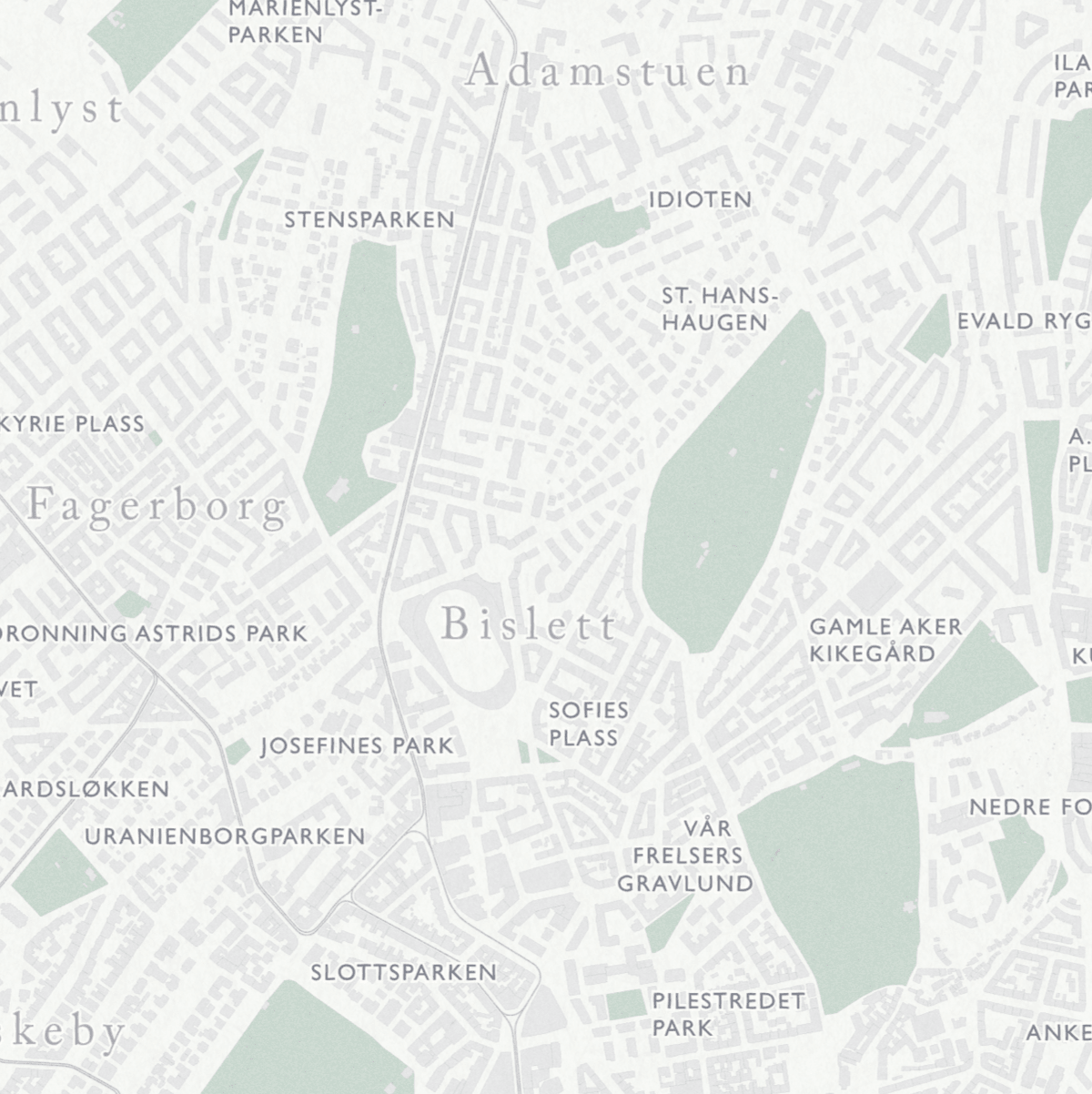 Kart over Oslo som viser Bislett, Fagerborg, Stensparken, Adamstuen, St Hans haugen og Slottsparken