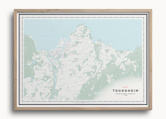 Bykart over Trondheim med bydeler og parker