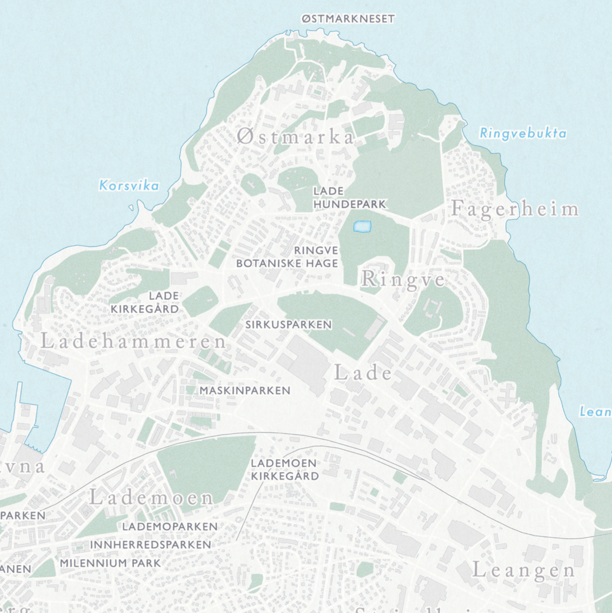 Bydelskart over Trondheim som viser Østmarka, Fagerheim, Ringve botanisk hage og Ladehammeren