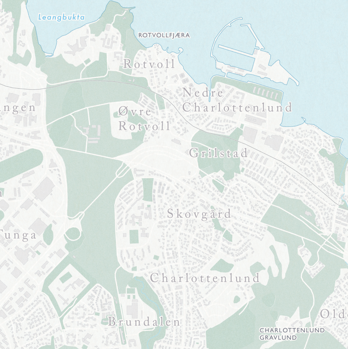 Bydelskart over Trondheim by som viser Leangbukta, Rotvoll og Grilstad