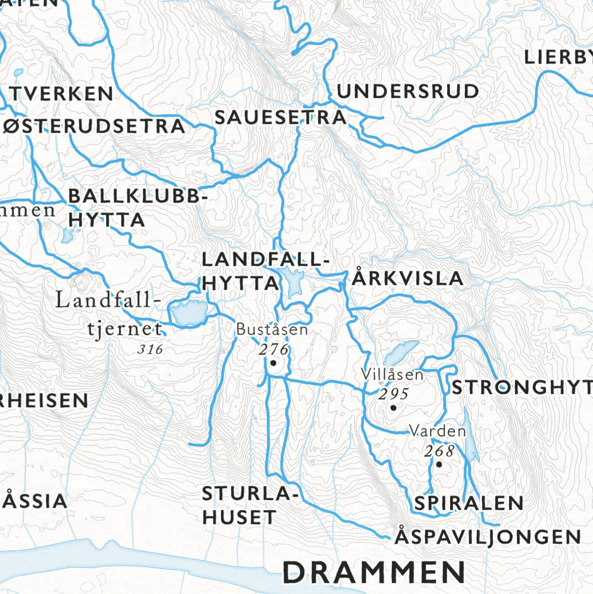 Skikart Finnemarka som viser Årksvisla, Sturlahuset, Spiralen, Landfallhytta og Sausetra