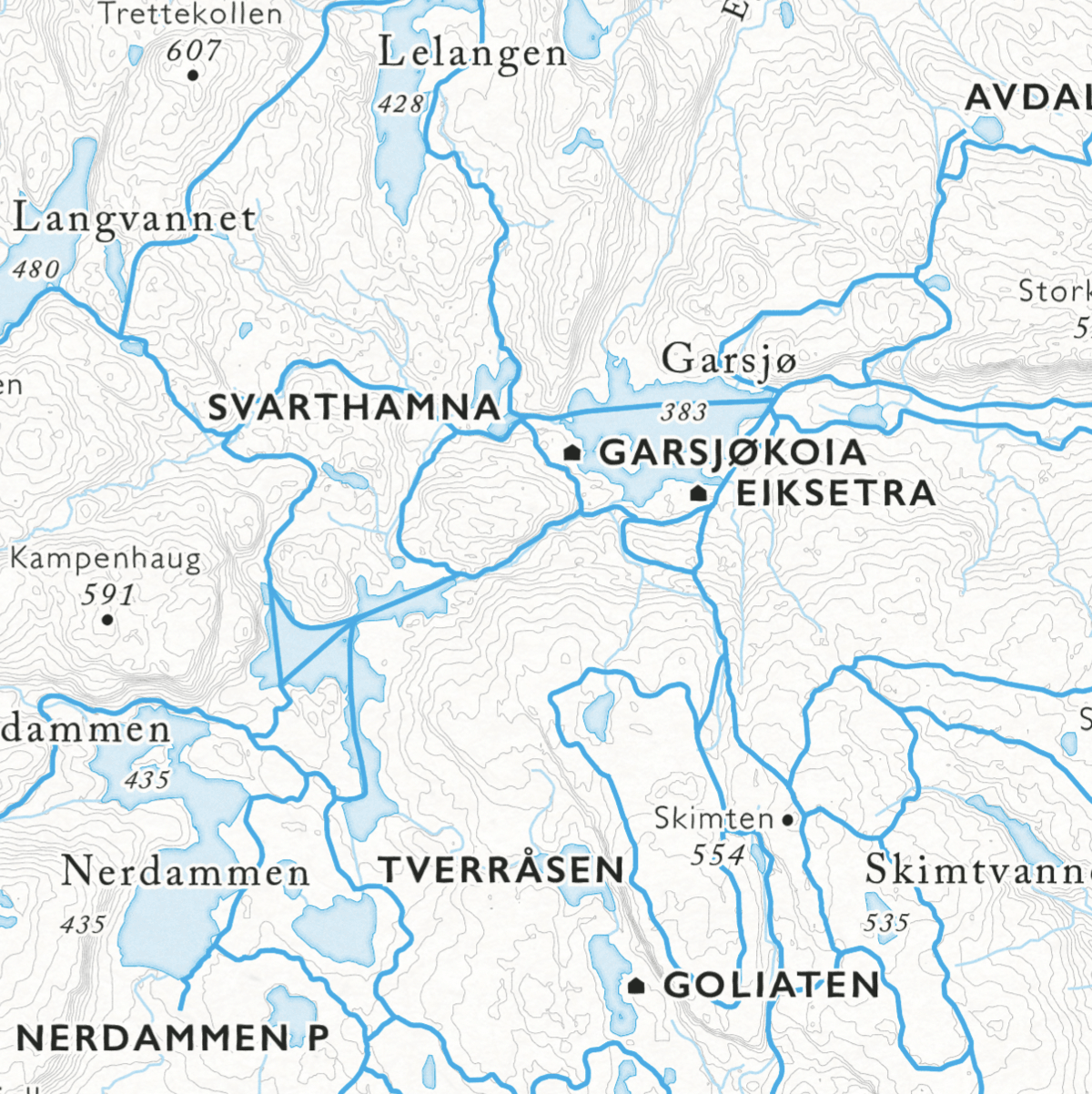 Skikart Finnemarka som viser Tverråsen, Goliaten, Garskoia, Svarthamna og Kamenhaug