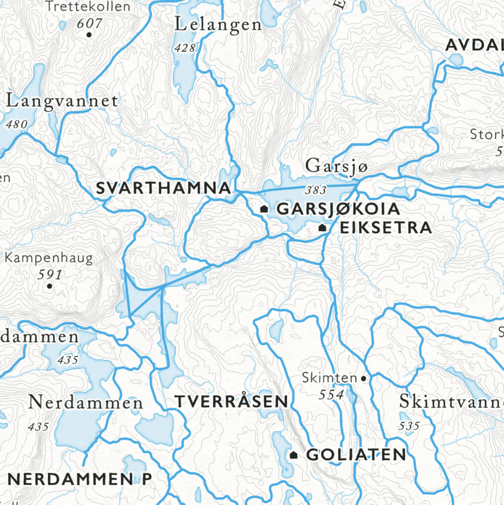 Skikart Finnemarka som viser Tverråsen, Goliaten, Garskoia, Svarthamna og Kamenhaug
