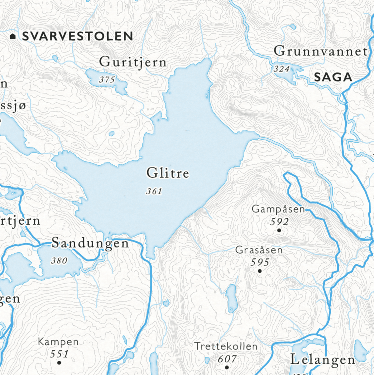 Skikart Finnemarka som viser Glitre, Saga og Svarestolen