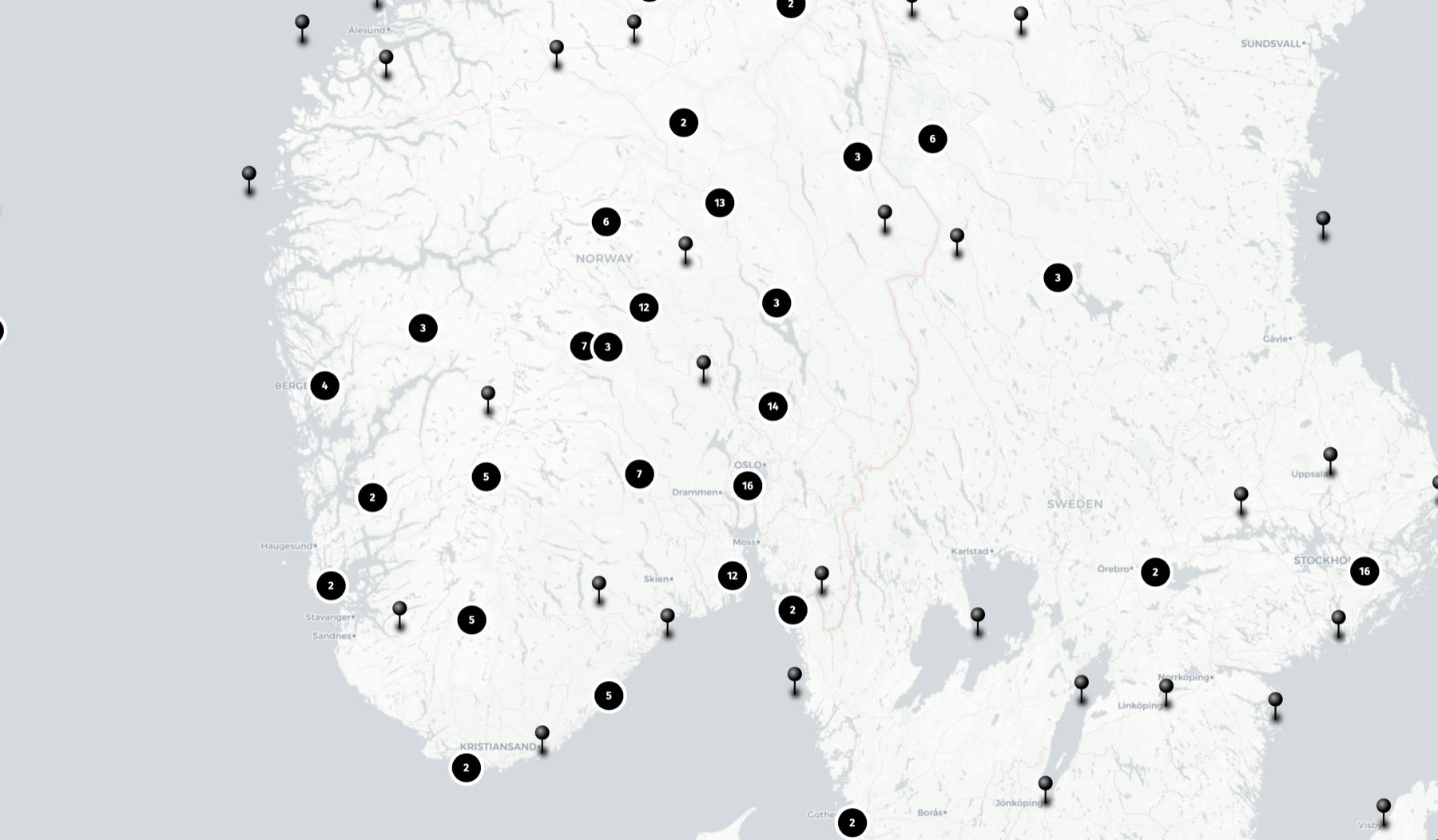 Dekningskart over Norge - hver markør er et sted Dapa Maps har laget kart